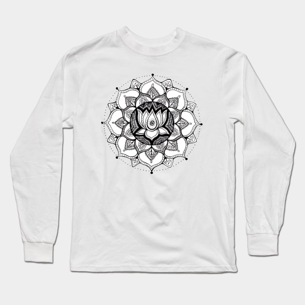 Lotus Mandala Black & White Long Sleeve T-Shirt by Heartsake